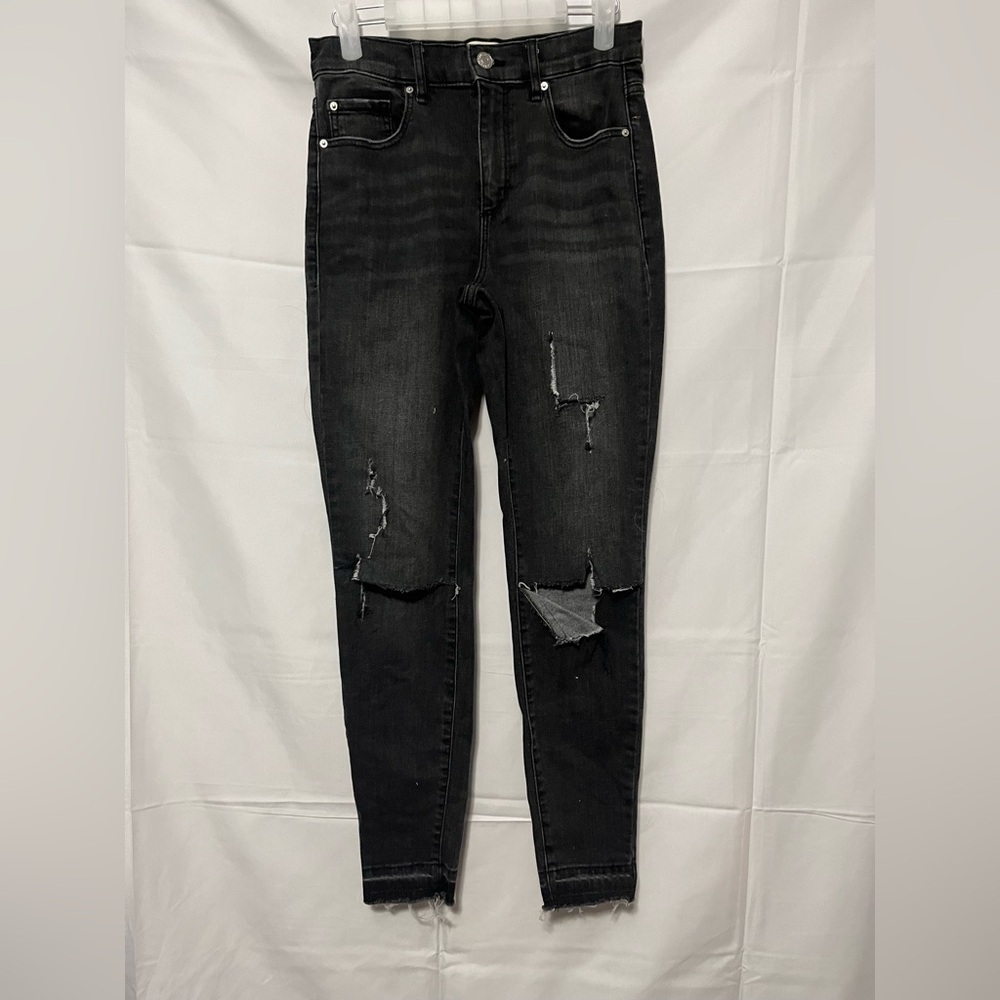 Garage Distressed High Rise Skinny Jeans Dark Grey Washed Raw Hem